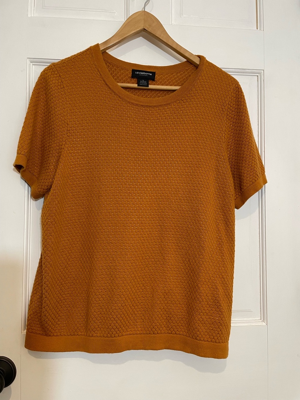 Liz Claiborne Career Women’s Textured Knit Short Sleeve Sweater Top Mustard L